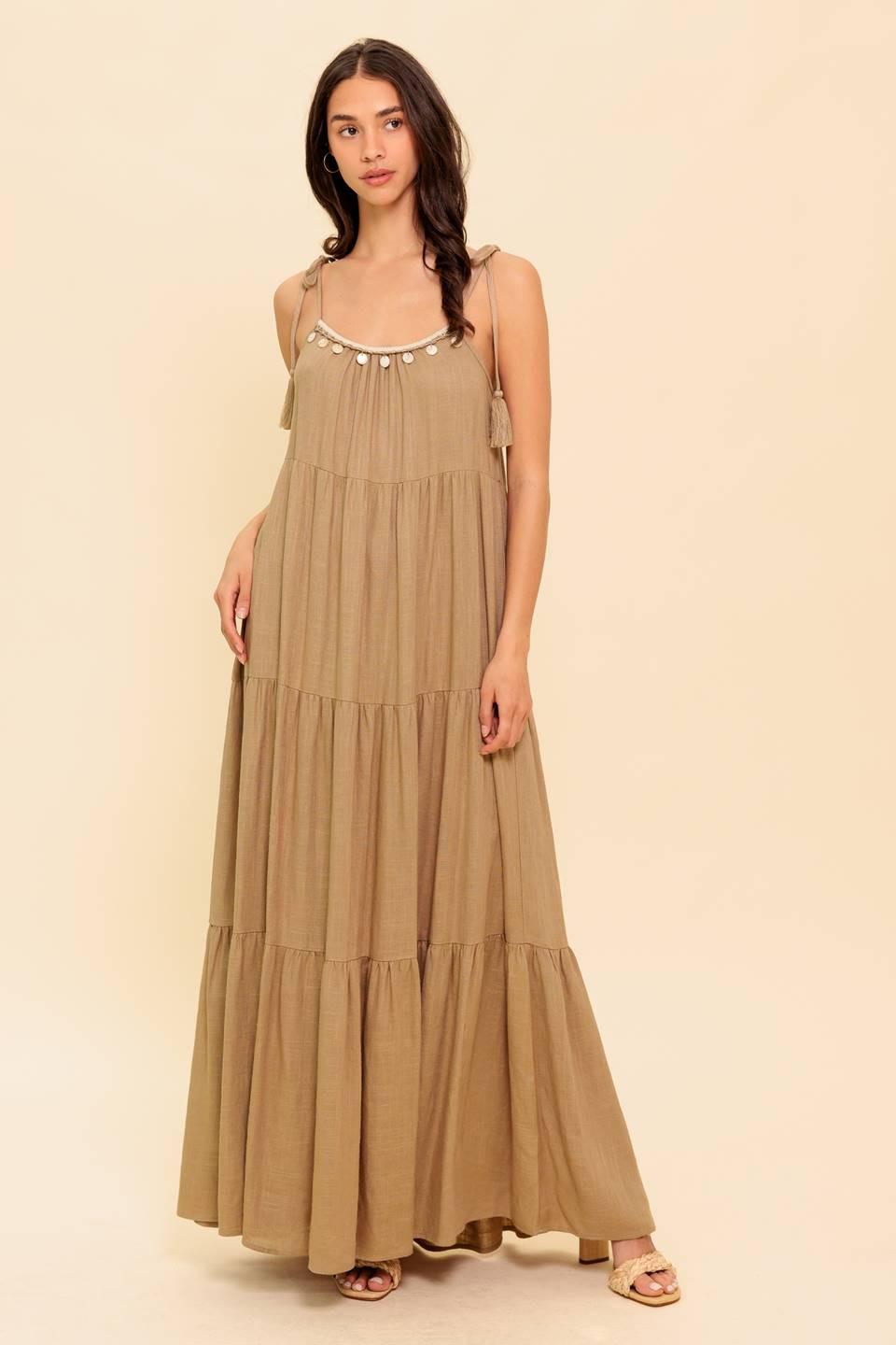 World of Possiblilities Taupe Woven Maxi Dress, view 1 — Soul Flow Apparel