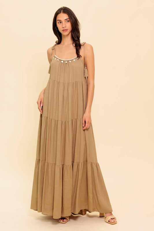 World of Possiblilities Taupe Woven Maxi Dress, view 1 — Soul Flow Apparel