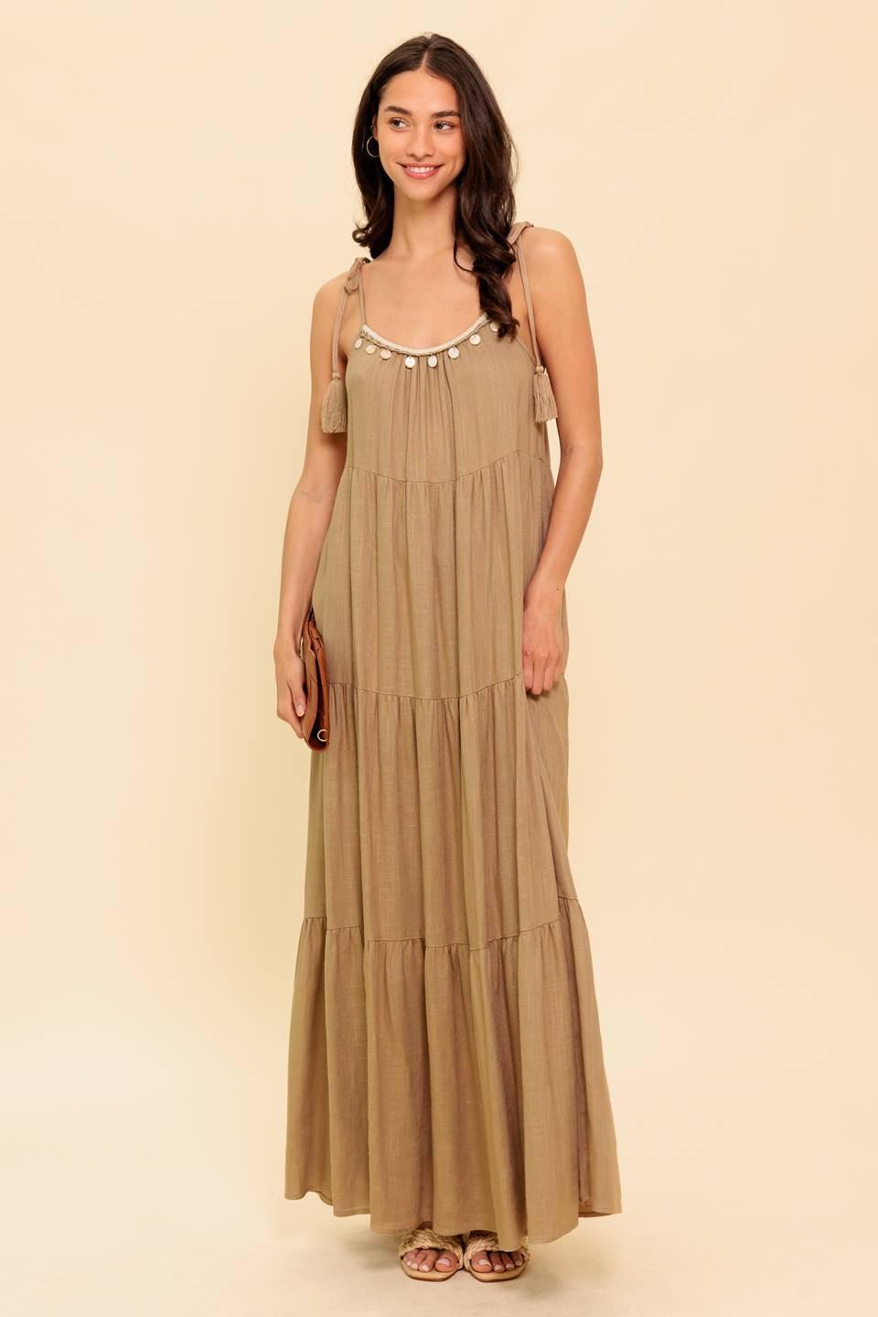 World of Possiblilities Taupe Woven Maxi Dress, view 2 — Soul Flow Apparel