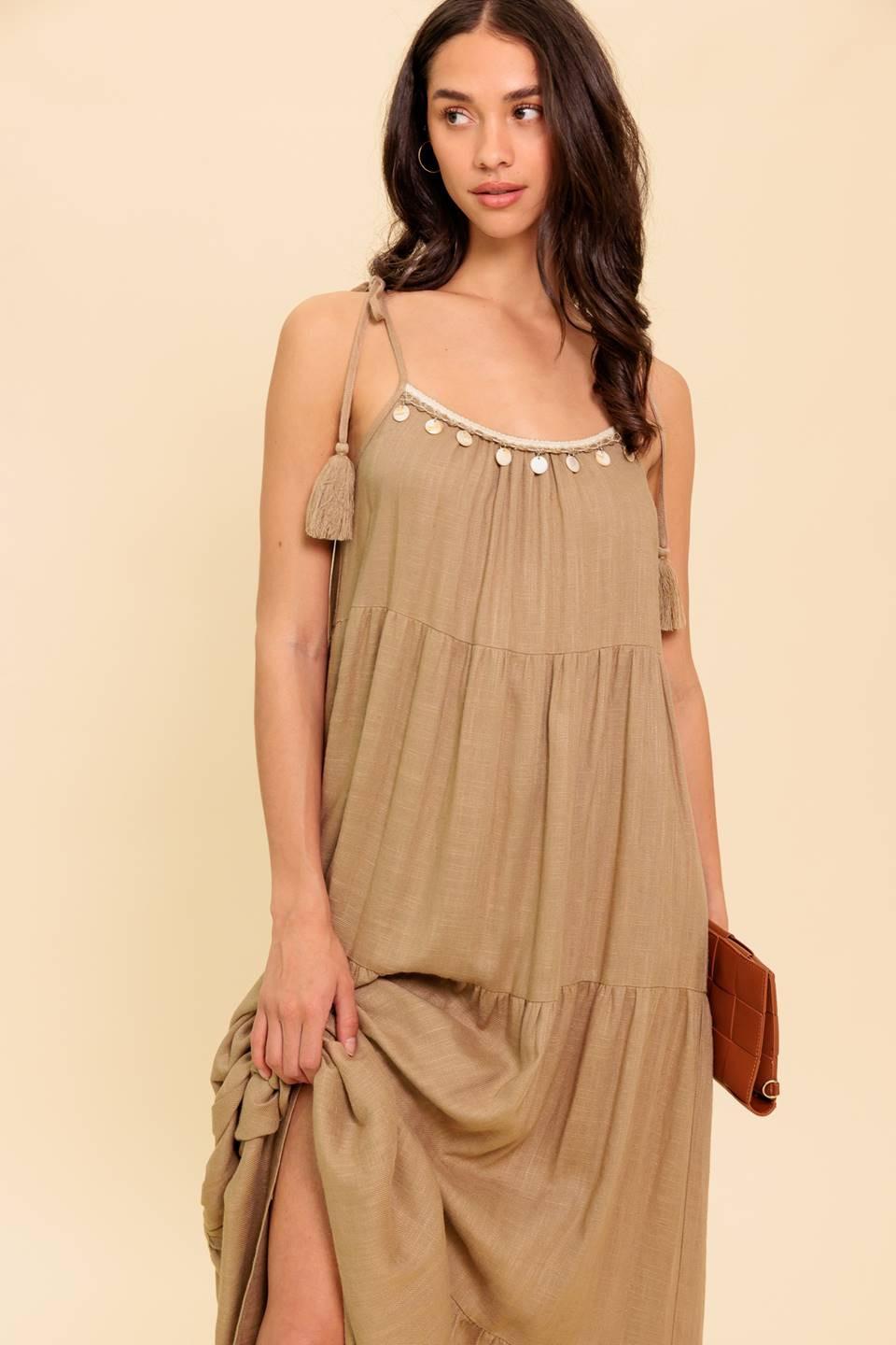 World of Possiblilities Taupe Woven Maxi Dress, view 6 — Soul Flow Apparel