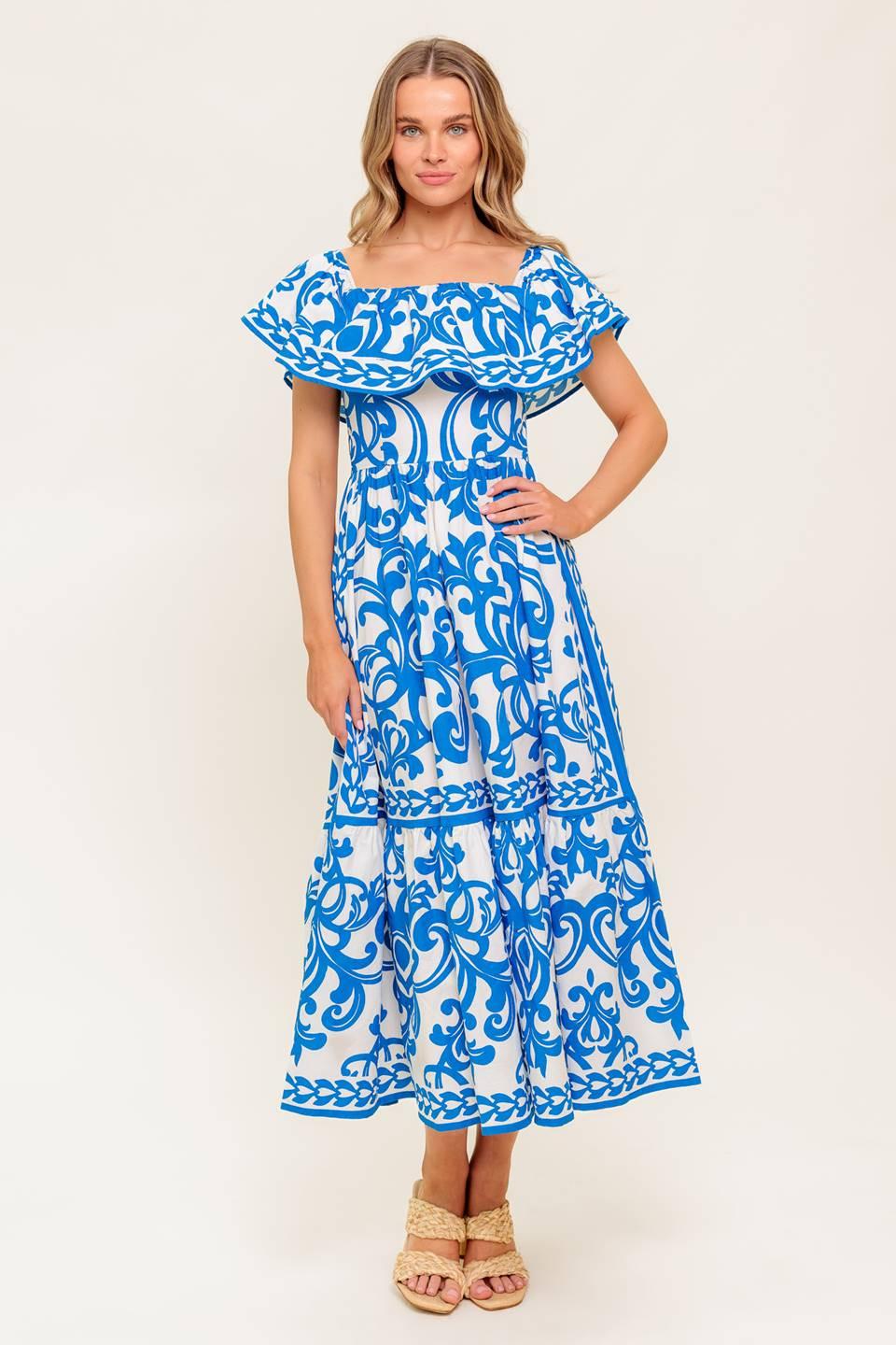 Bloom Serenade Blue Woven Midi Dress in white, view 1 — Soul Flow Apparel