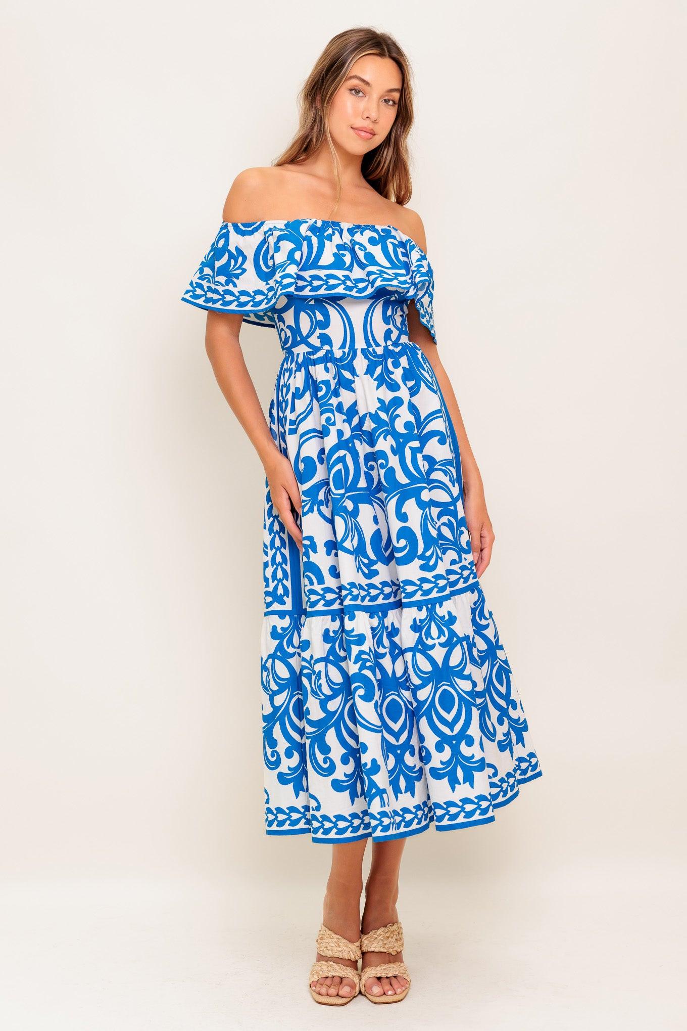 Bloom Serenade Blue Woven Midi Dress in white, view 1 — Soul Flow Apparel