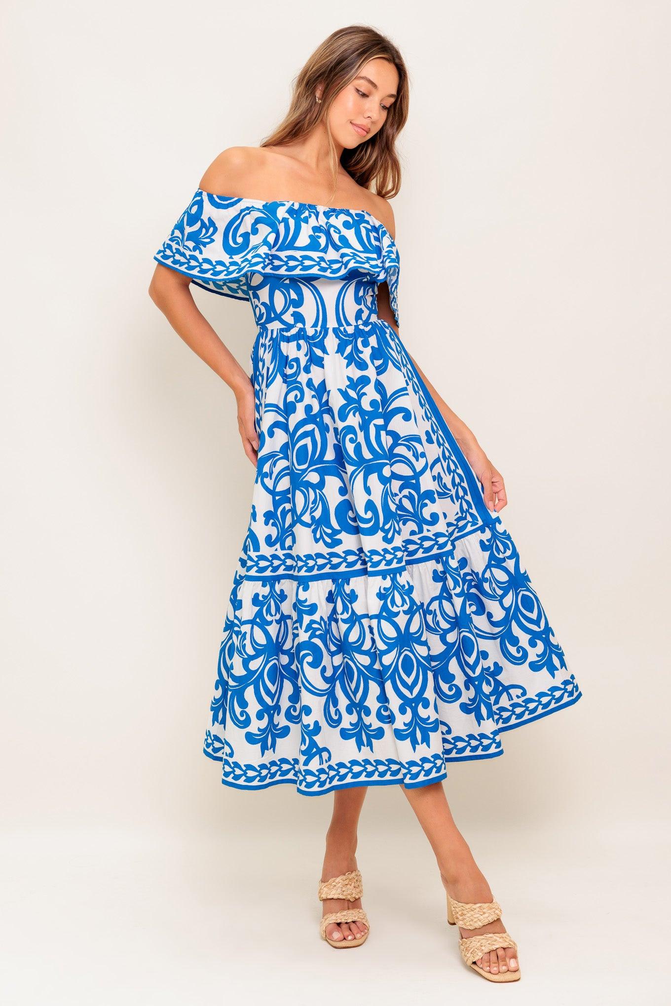 Bloom Serenade Blue Woven Midi Dress in white, view 2 — Soul Flow Apparel