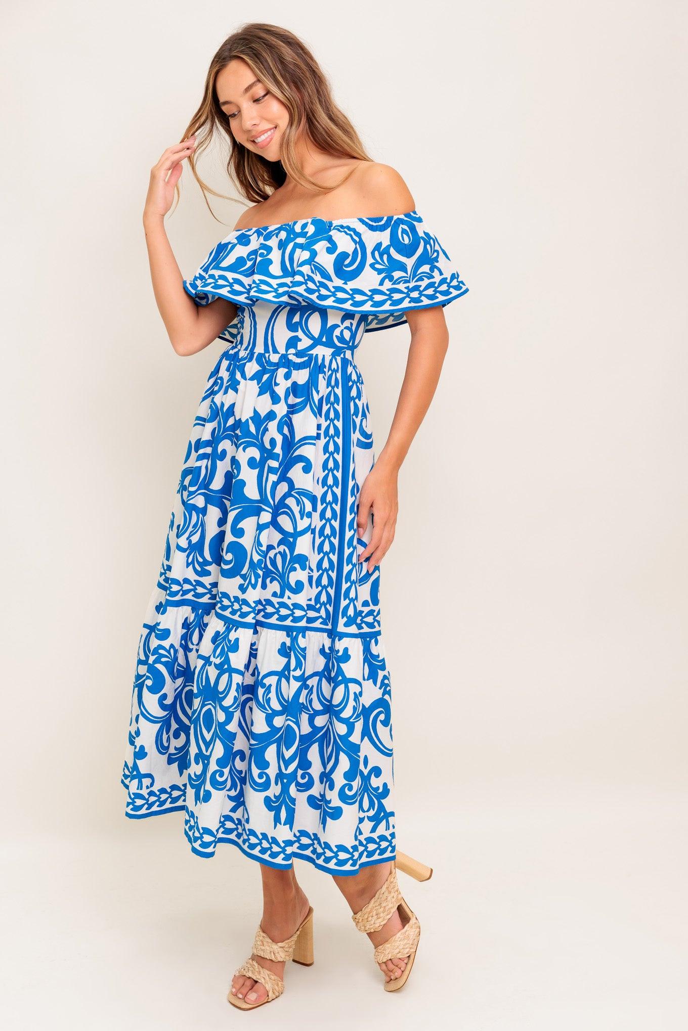Bloom Serenade Blue Woven Midi Dress in white, view 4 — Soul Flow Apparel