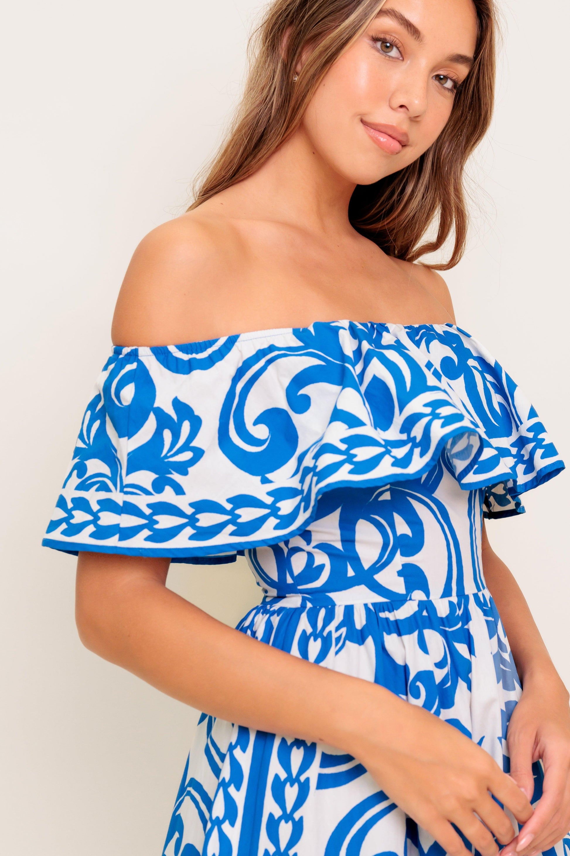 Bloom Serenade Blue Woven Midi Dress in white, view 5 — Soul Flow Apparel