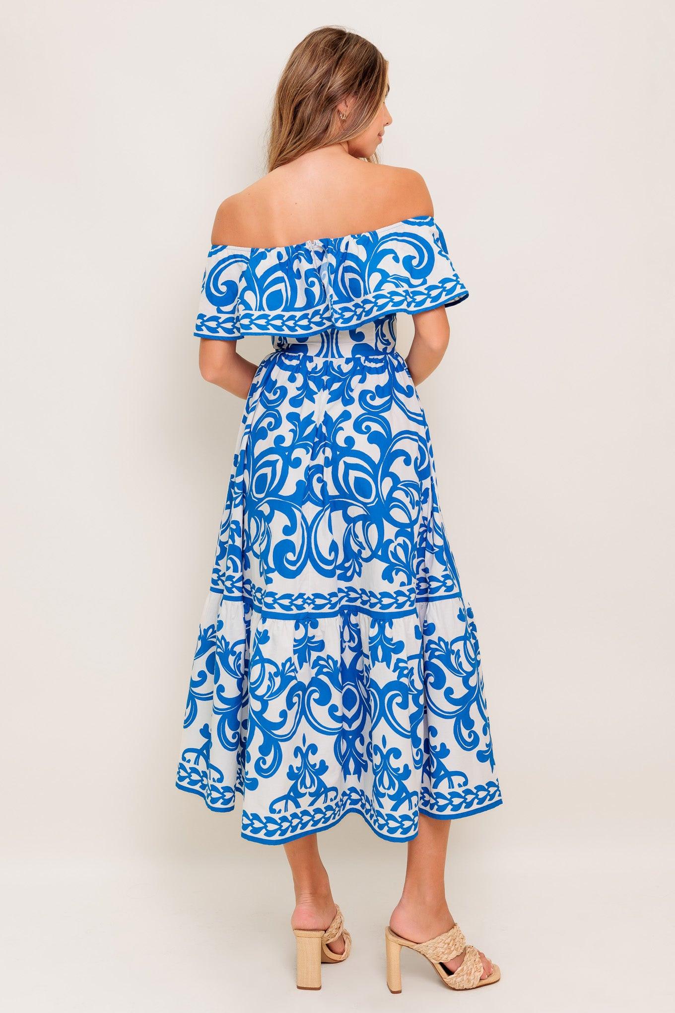 Bloom Serenade Blue Woven Midi Dress in white, view 6 — Soul Flow Apparel