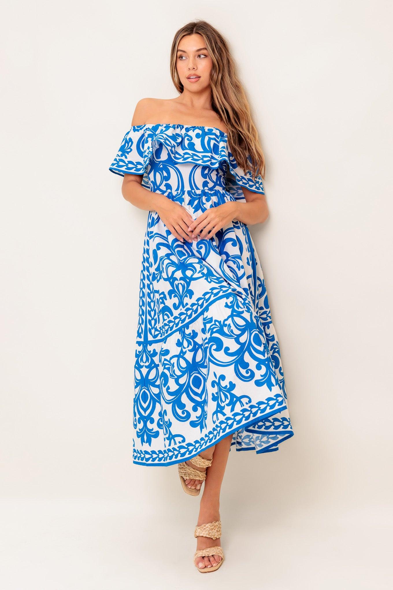 Bloom Serenade Blue Woven Midi Dress in white, view 7 — Soul Flow Apparel
