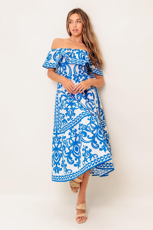 Bloom Serenade Blue Woven Midi Dress in white, view 7 — Soul Flow Apparel