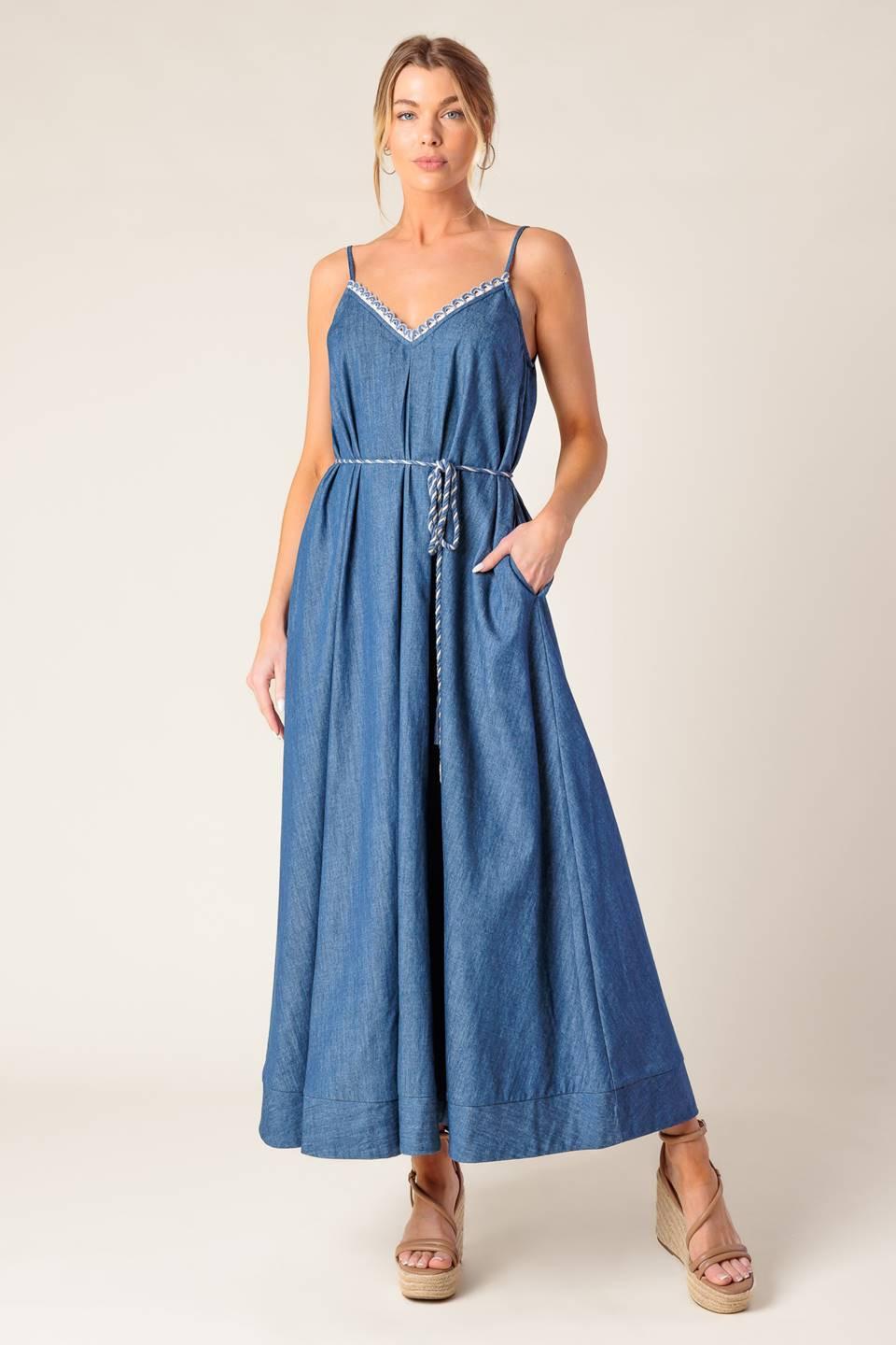 Heartfelt Moment Denim Midi Dress in medium indigo, view 1 — Soul Flow Apparel