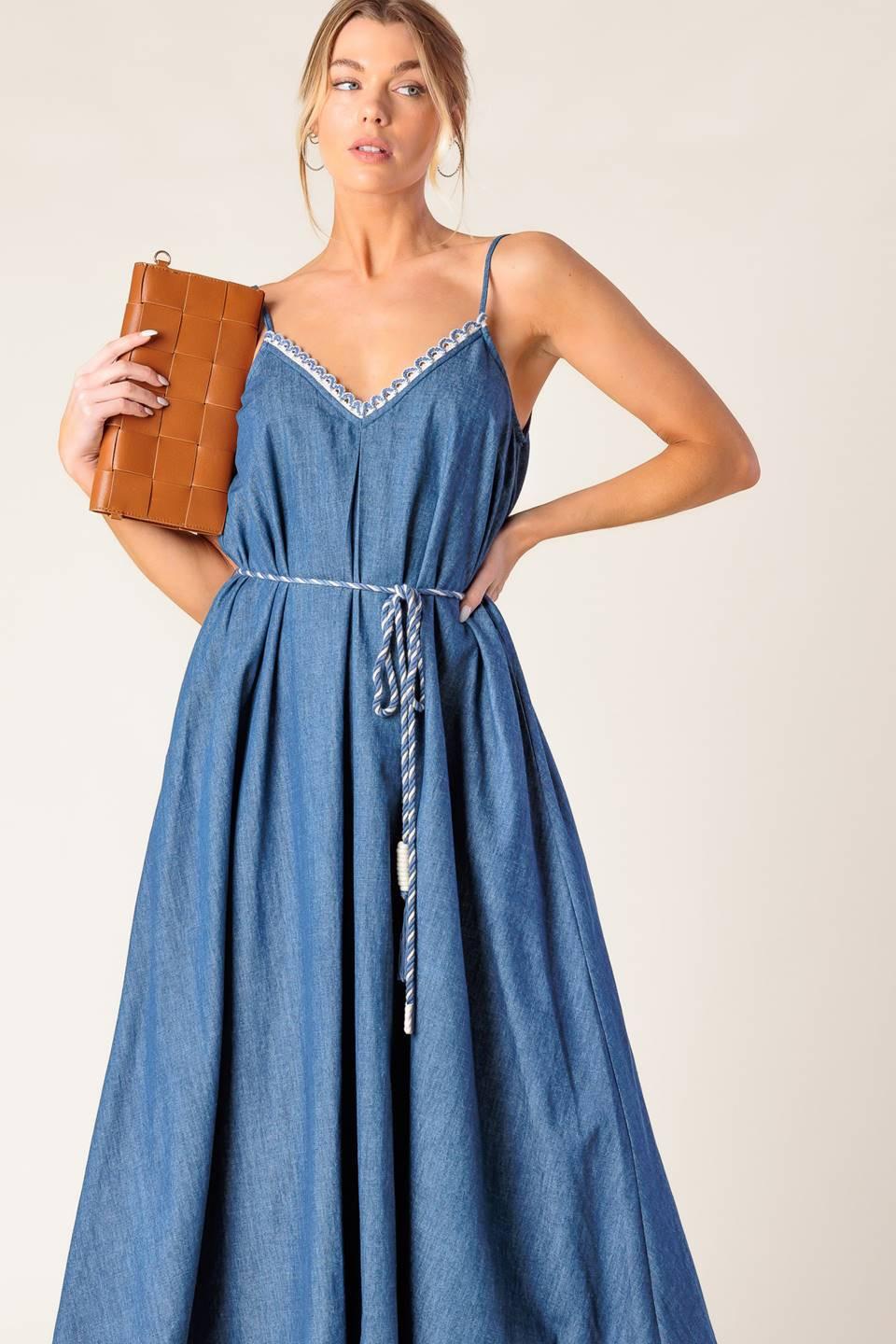 Heartfelt Moment Denim Midi Dress in medium indigo, view 2 — Soul Flow Apparel