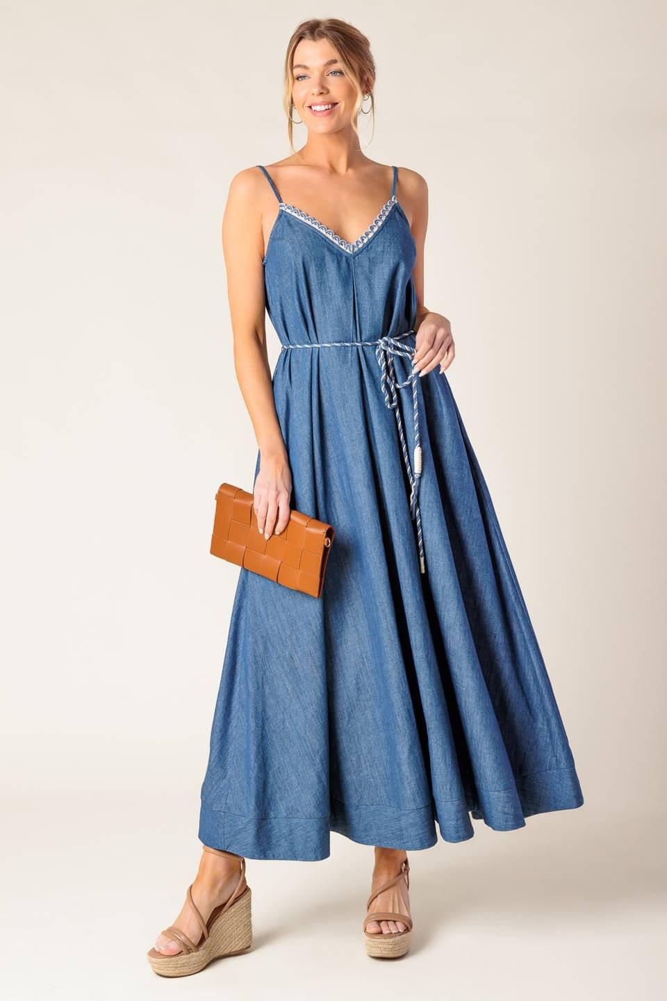 Heartfelt Moment Denim Midi Dress in medium indigo, view 3 — Soul Flow Apparel