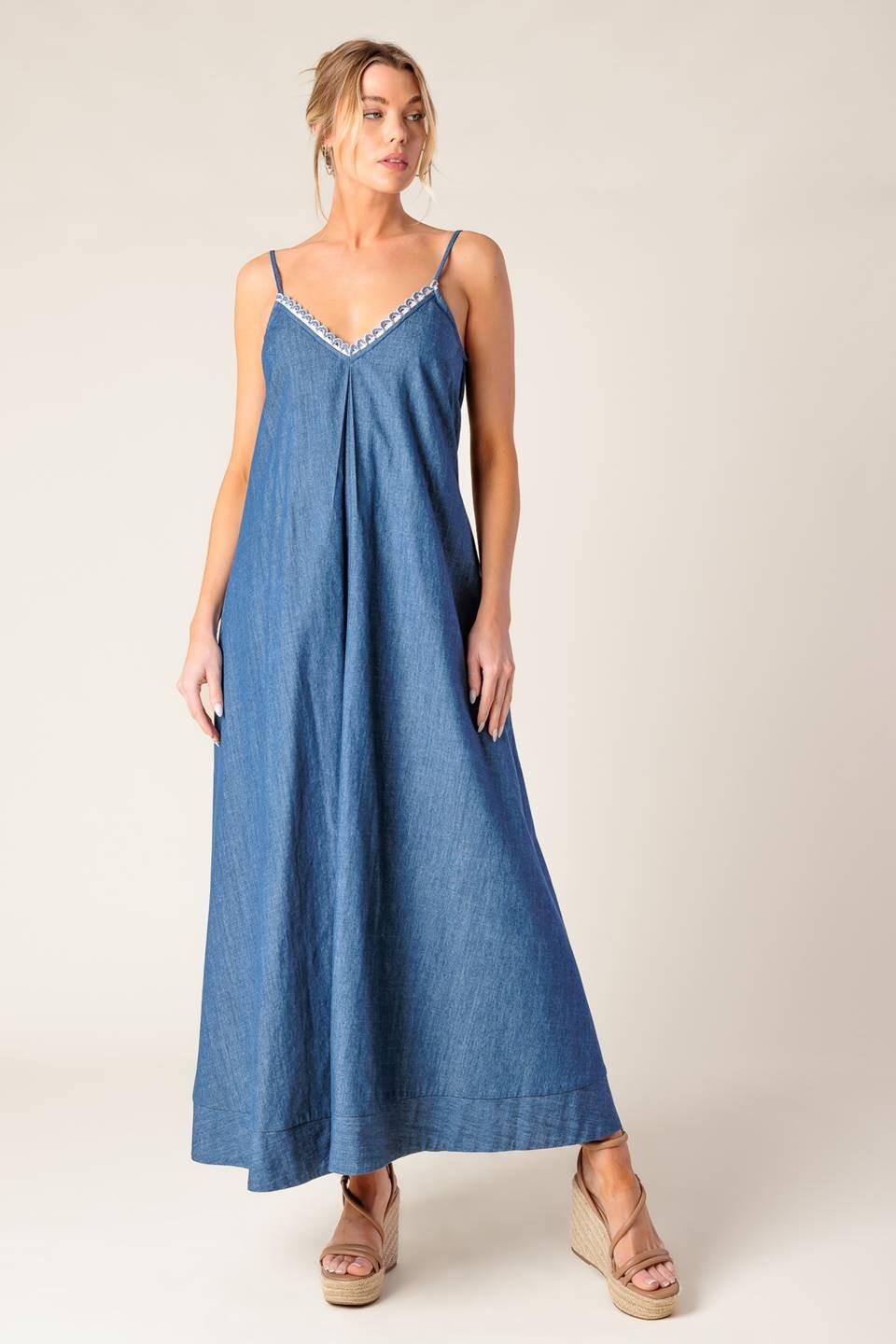 Heartfelt Moment Denim Midi Dress in medium indigo, view 7 — Soul Flow Apparel