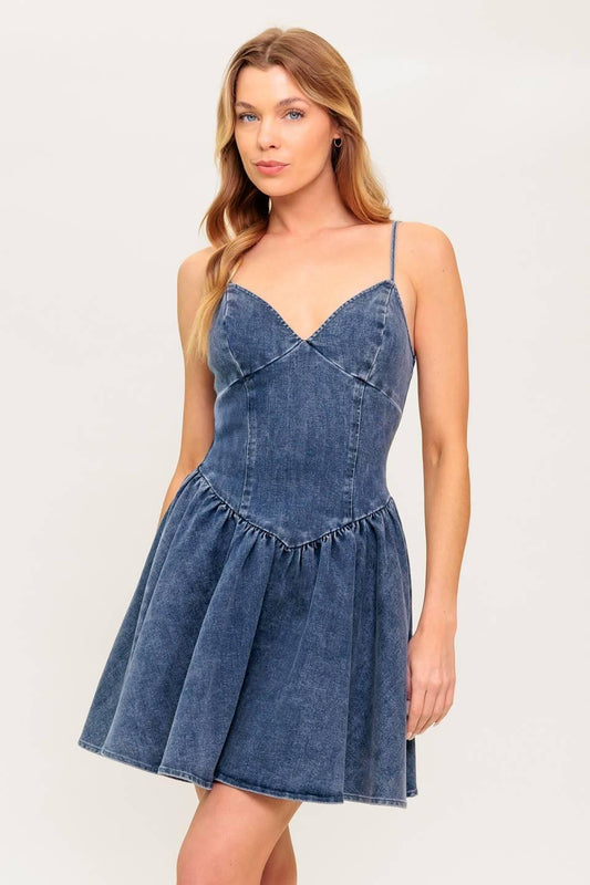 Forever Free Denim Mini Dress in medium indigo, view 2 — Soul Flow Apparel