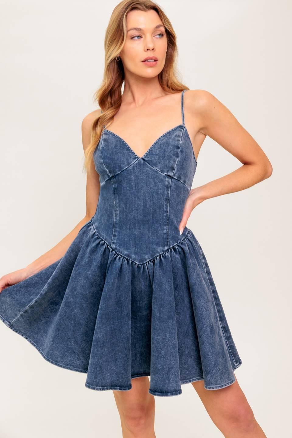 Forever Free Denim Mini Dress in medium indigo, view 3 — Soul Flow Apparel