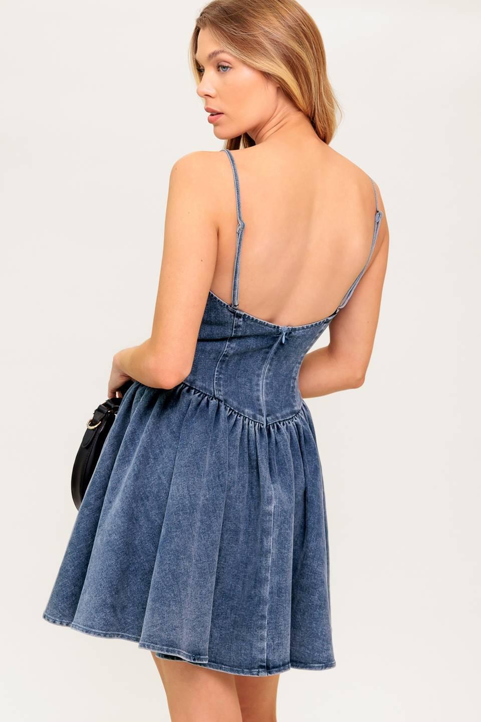 Forever Free Denim Mini Dress in medium indigo, view 7 — Soul Flow Apparel