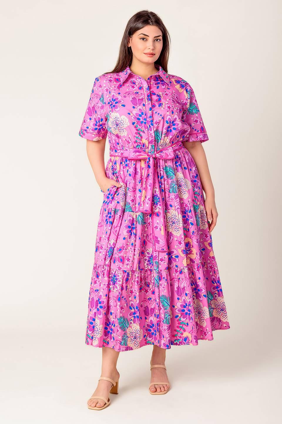Celestial Skies Woven Midi Dress in pink purple, view 1 — Soul Flow Apparel