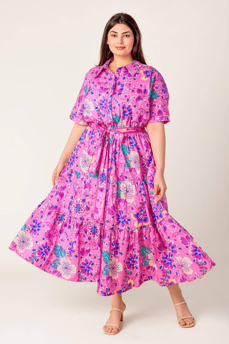 Celestial Skies Woven Midi Dress in pink purple, view 7 — Soul Flow Apparel