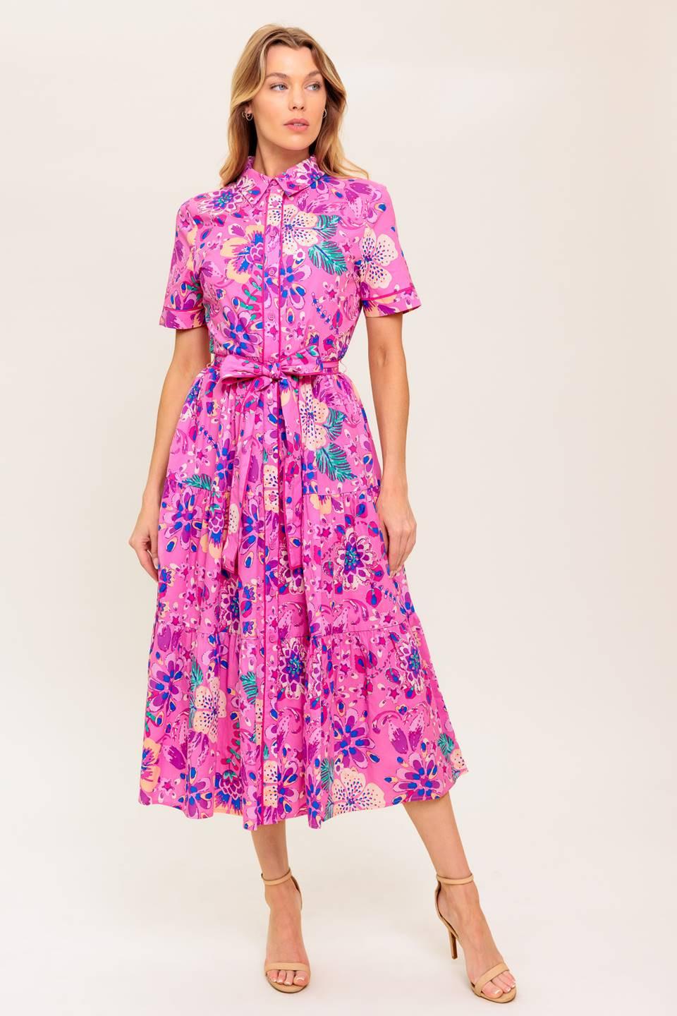 Celestial Skies Woven Midi Dress in pink purple, view 1 — Soul Flow Apparel