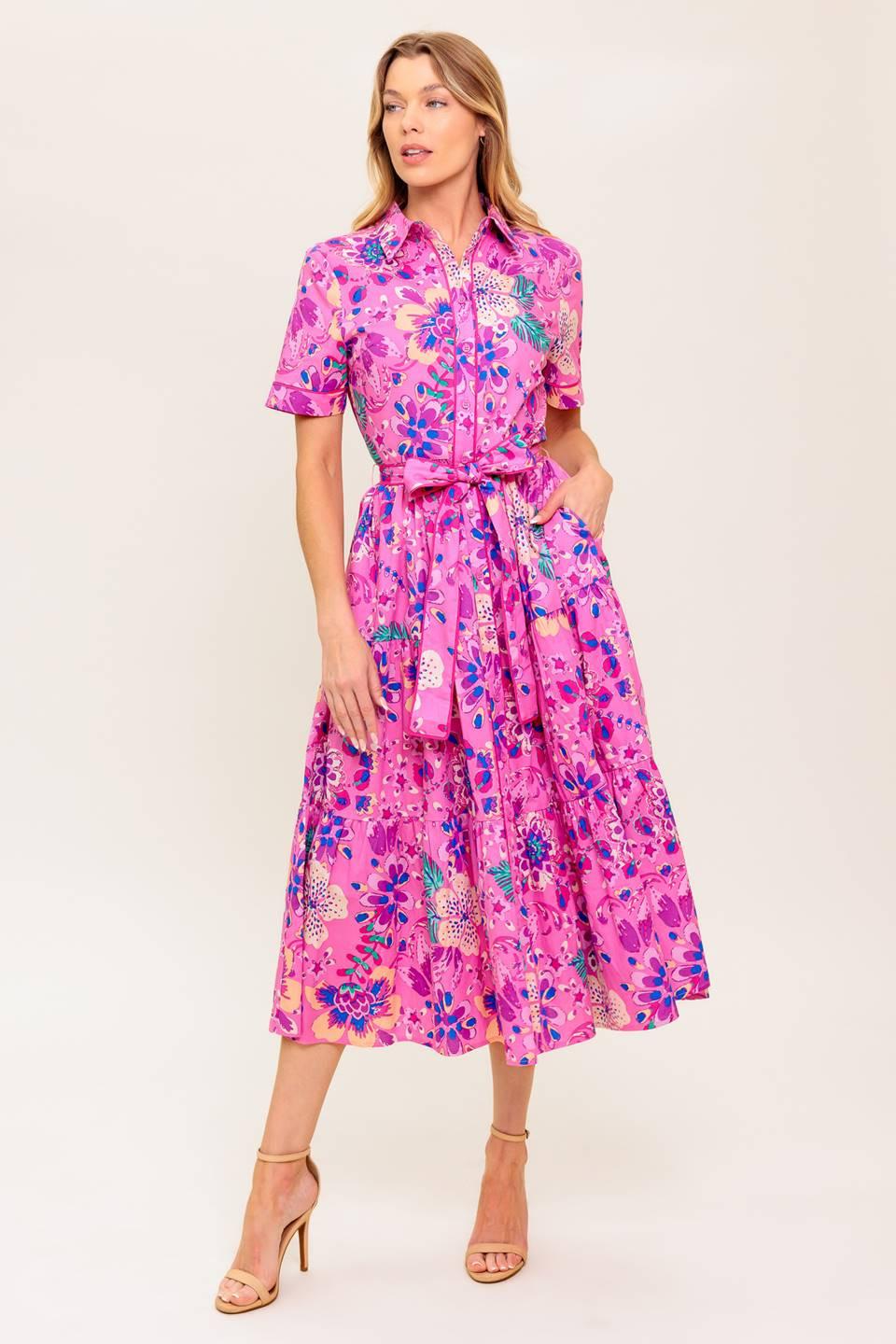 Celestial Skies Woven Midi Dress in pink purple, view 2 — Soul Flow Apparel