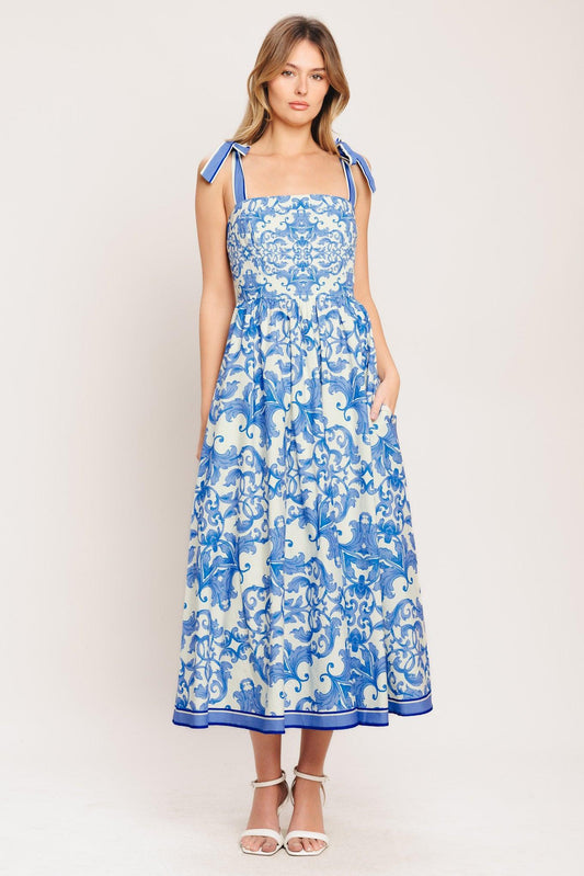 Azure Scroll Woven Midi Dress in ivory blue, view 1 — Soul Flow Apparel