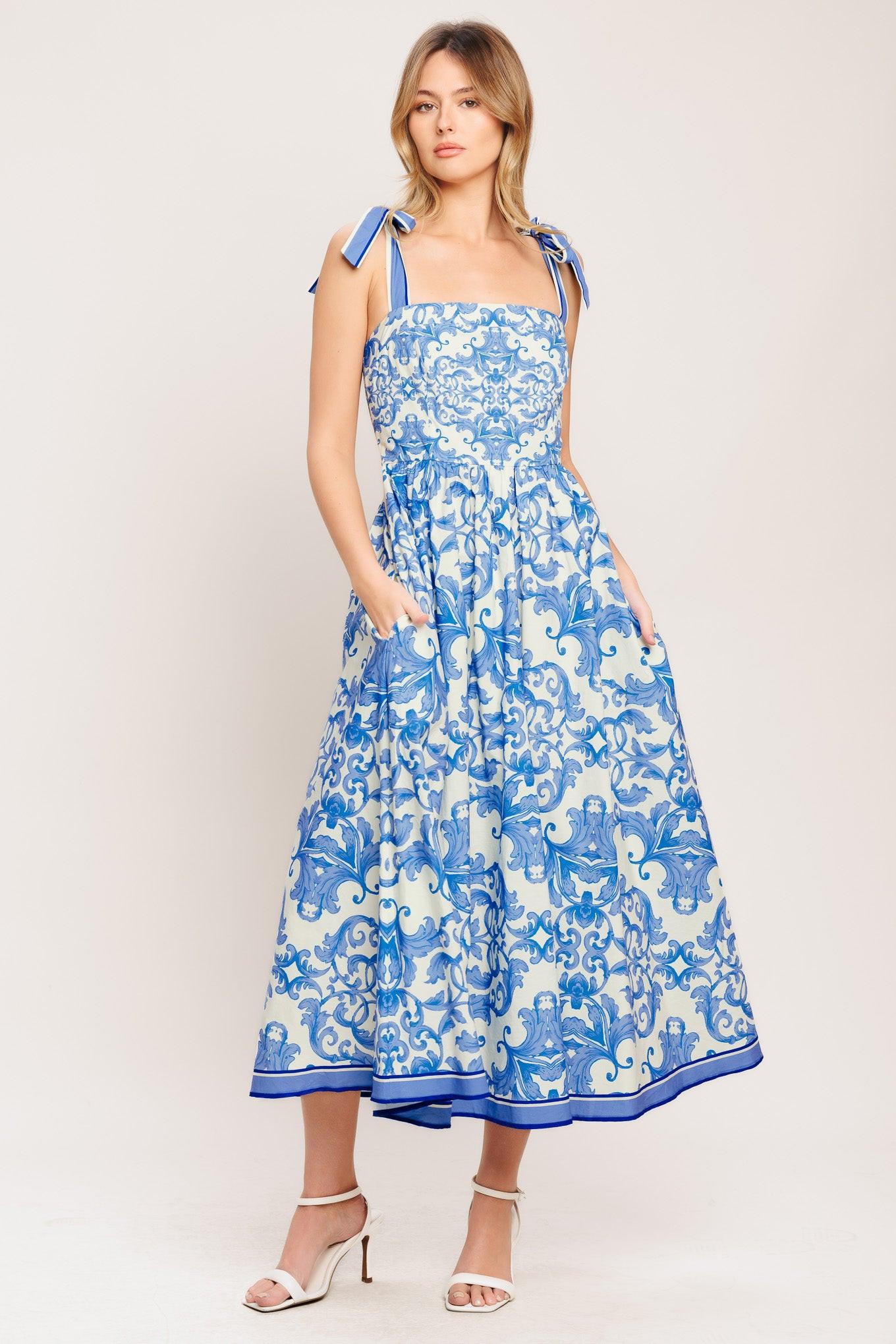 Azure Scroll Woven Midi Dress in ivory blue, view 2 — Soul Flow Apparel