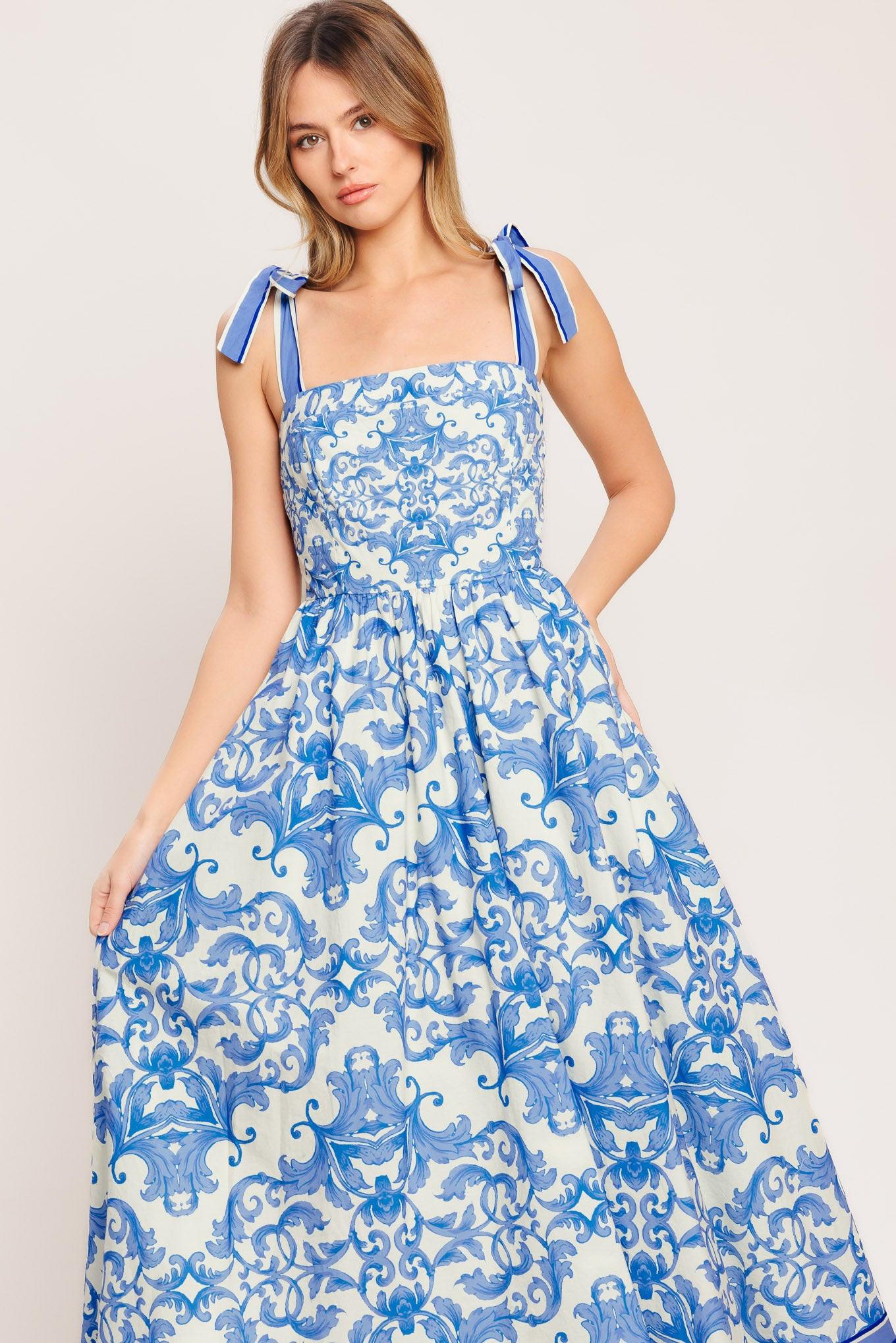 Azure Scroll Woven Midi Dress in ivory blue, view 4 — Soul Flow Apparel
