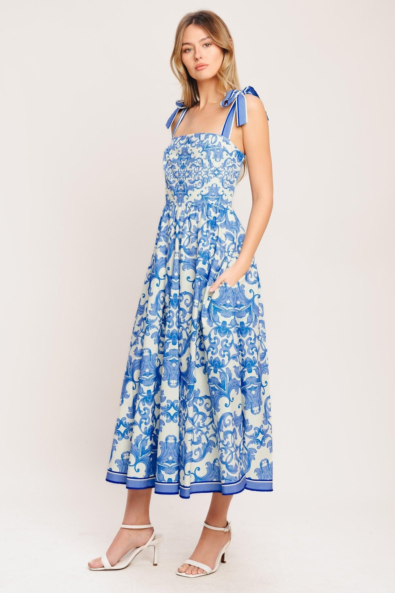 Azure Scroll Woven Midi Dress in ivory blue, view 5 — Soul Flow Apparel