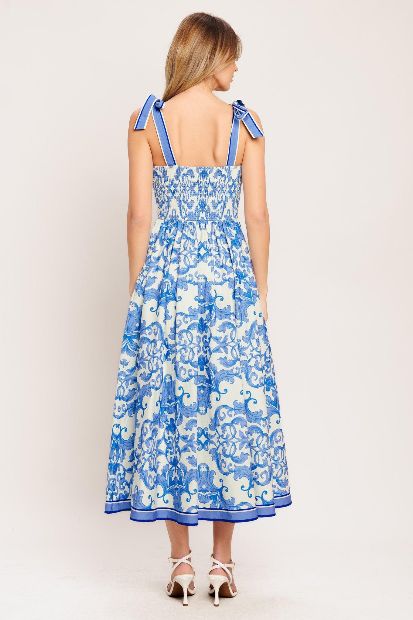 Azure Scroll Woven Midi Dress in ivory blue, view 6 — Soul Flow Apparel