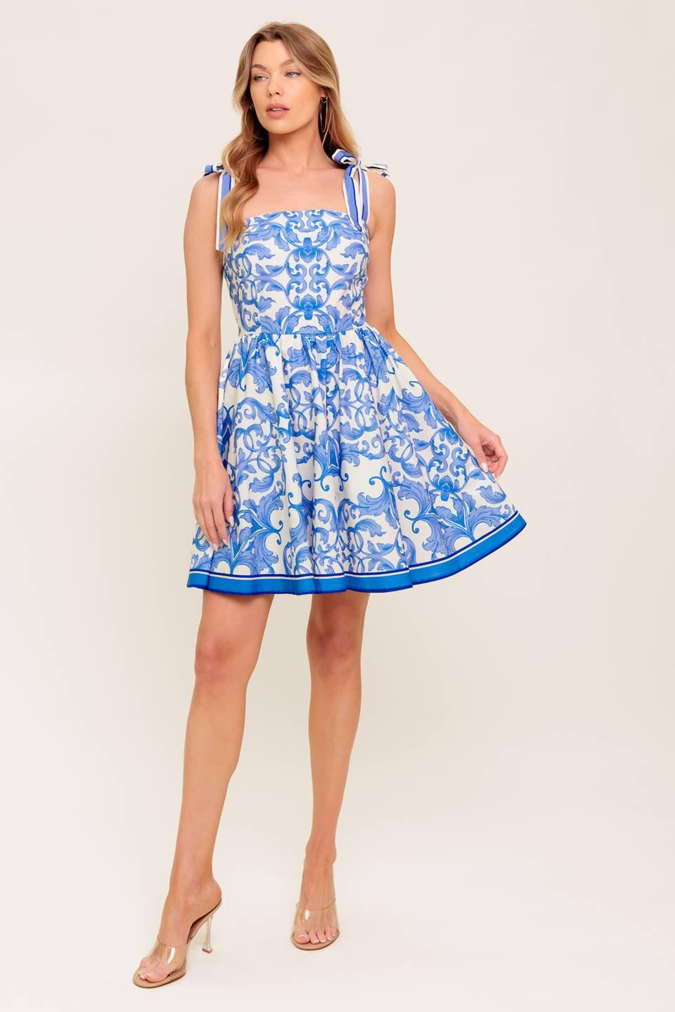 Florence Days Floral Blue Woven Mini Dress in ivory, view 2 — Soul Flow Apparel