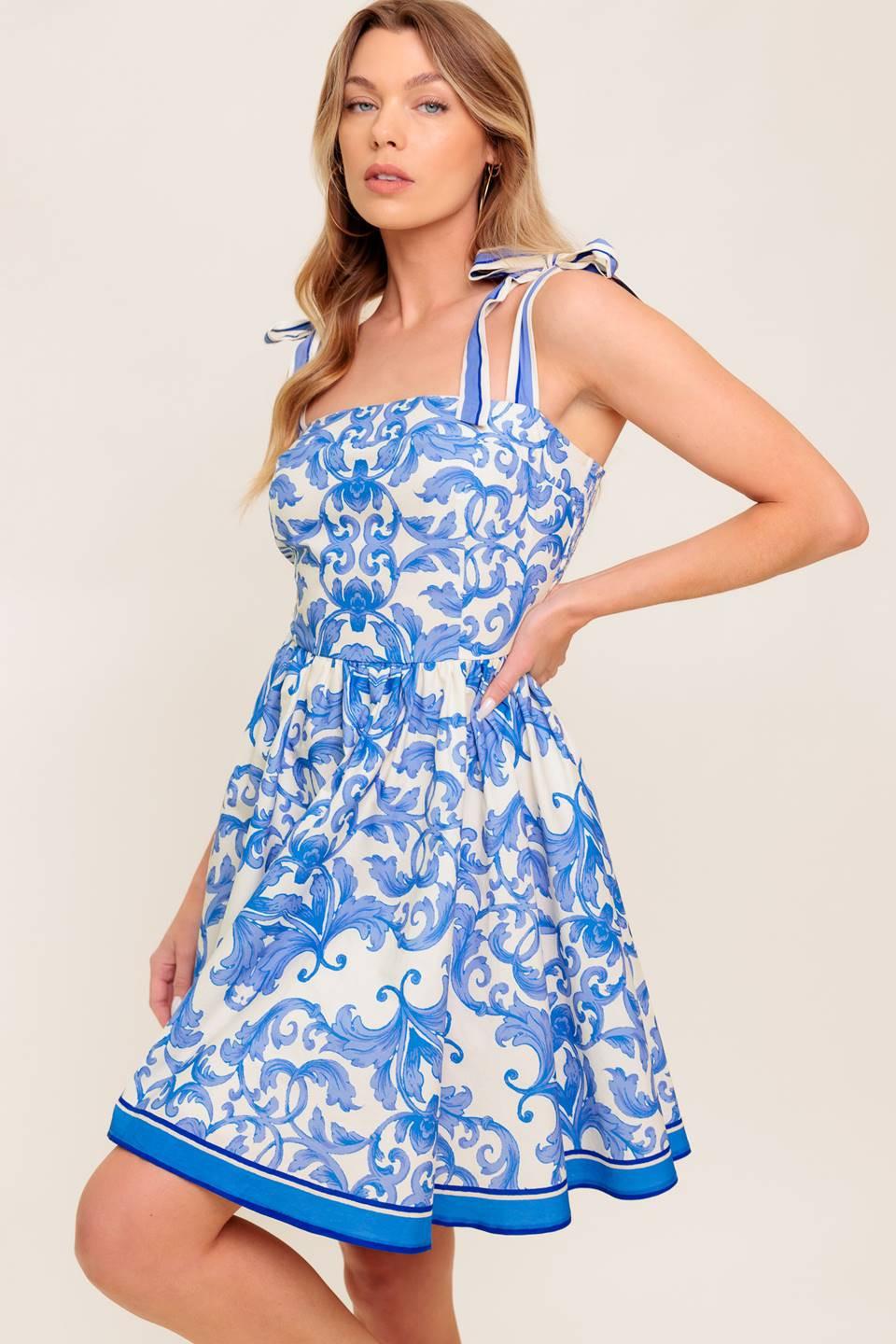 Florence Days Floral Blue Woven Mini Dress in ivory, view 3 — Soul Flow Apparel