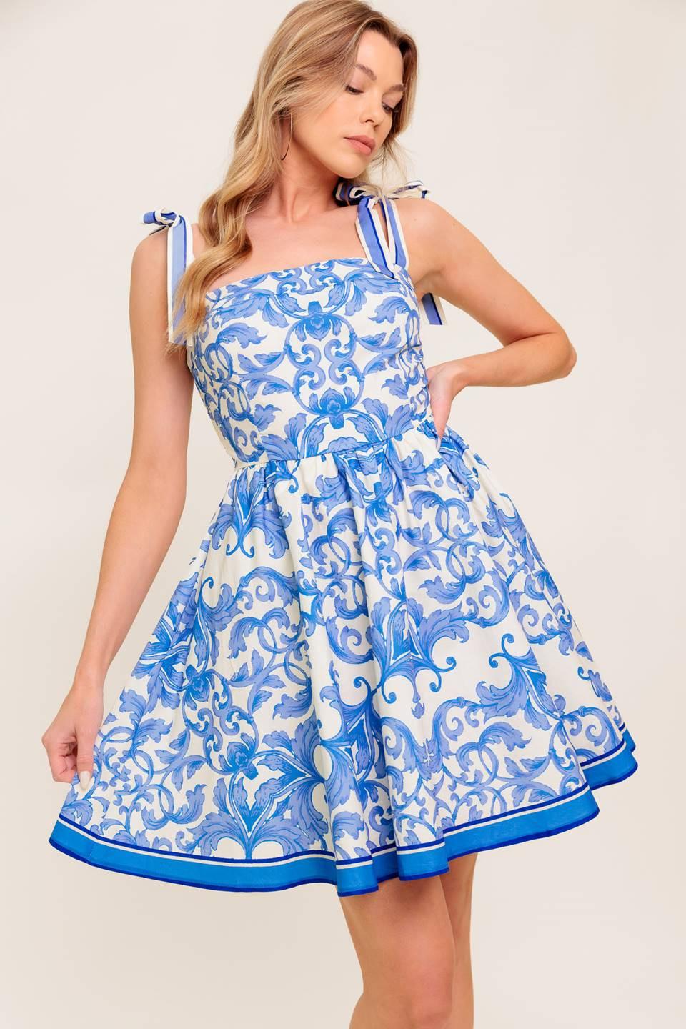 Florence Days Floral Blue Woven Mini Dress in ivory, view 4 — Soul Flow Apparel
