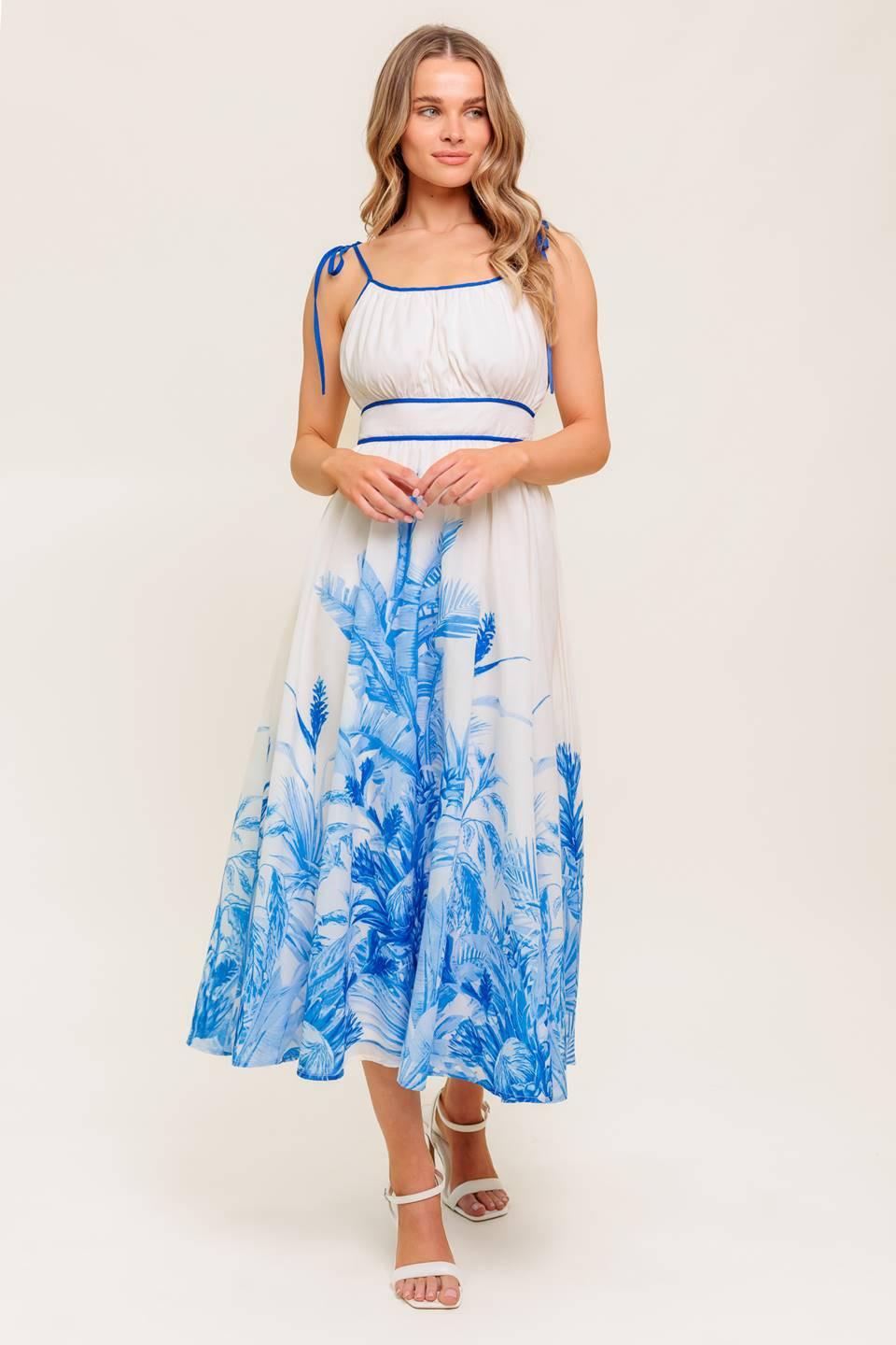 Garden Breeze Blue Woven Midi Dress in ivory, view 1 — Soul Flow Apparel