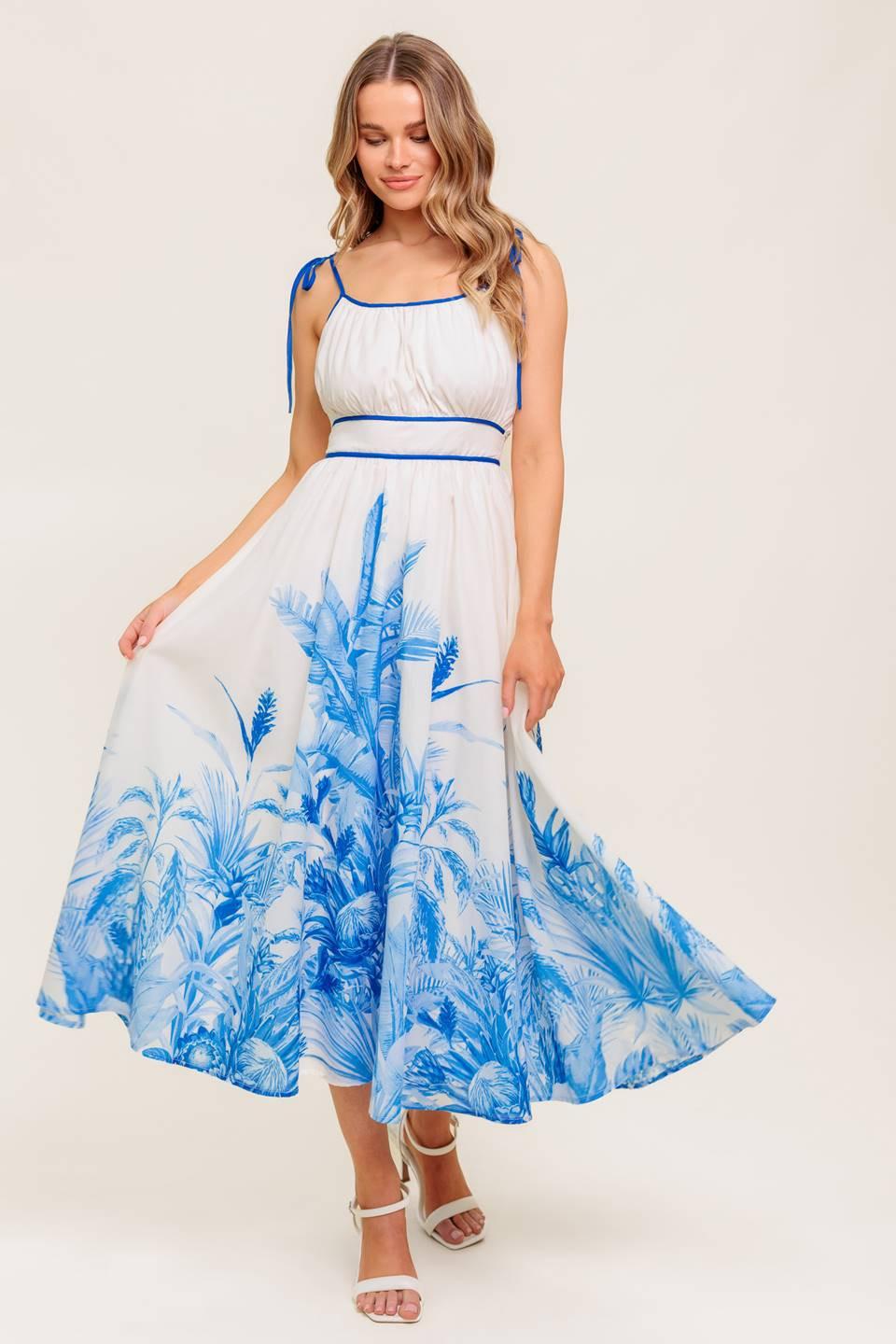 Garden Breeze Blue Woven Midi Dress in ivory, view 2 — Soul Flow Apparel