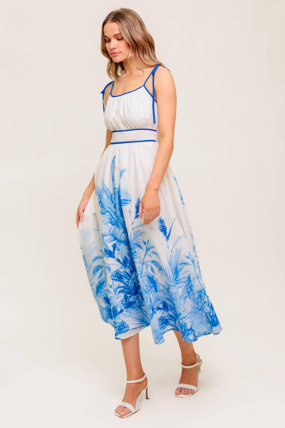 Garden Breeze Blue Woven Midi Dress in ivory, view 5 — Soul Flow Apparel