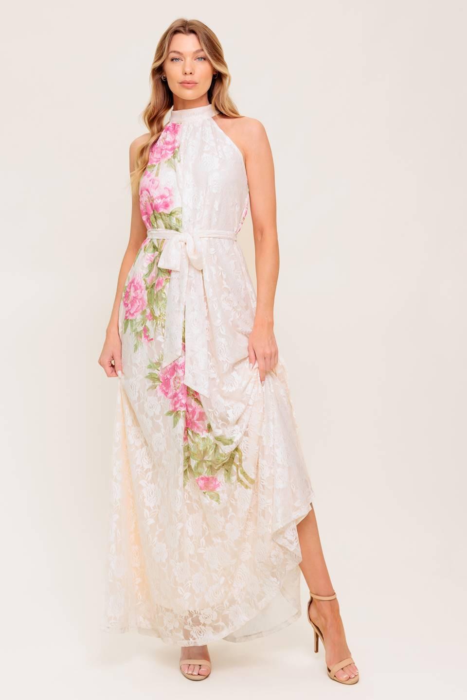 Botanical Dream Woven Lace Maxi Dress in ivory, view 1 — Soul Flow Apparel