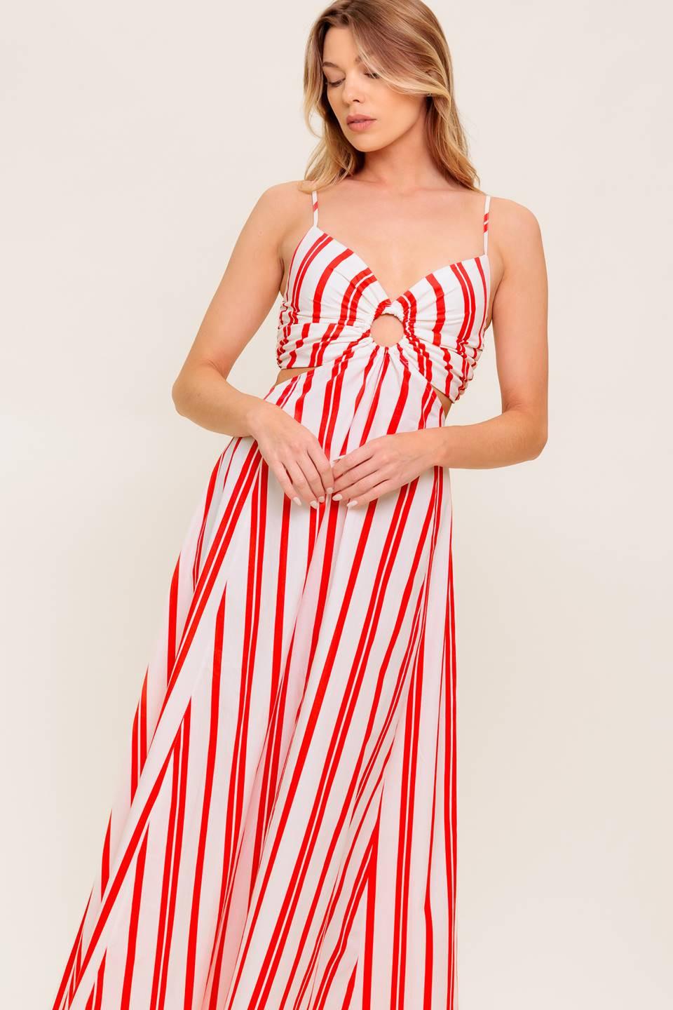 Dream Petals Red Stripe Woven Ankle Dress in white, view 1 — Soul Flow Apparel