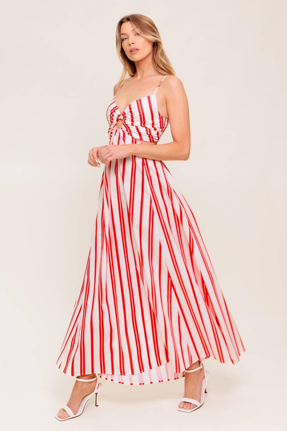 Dream Petals Red Stripe Woven Ankle Dress in white, view 2 — Soul Flow Apparel