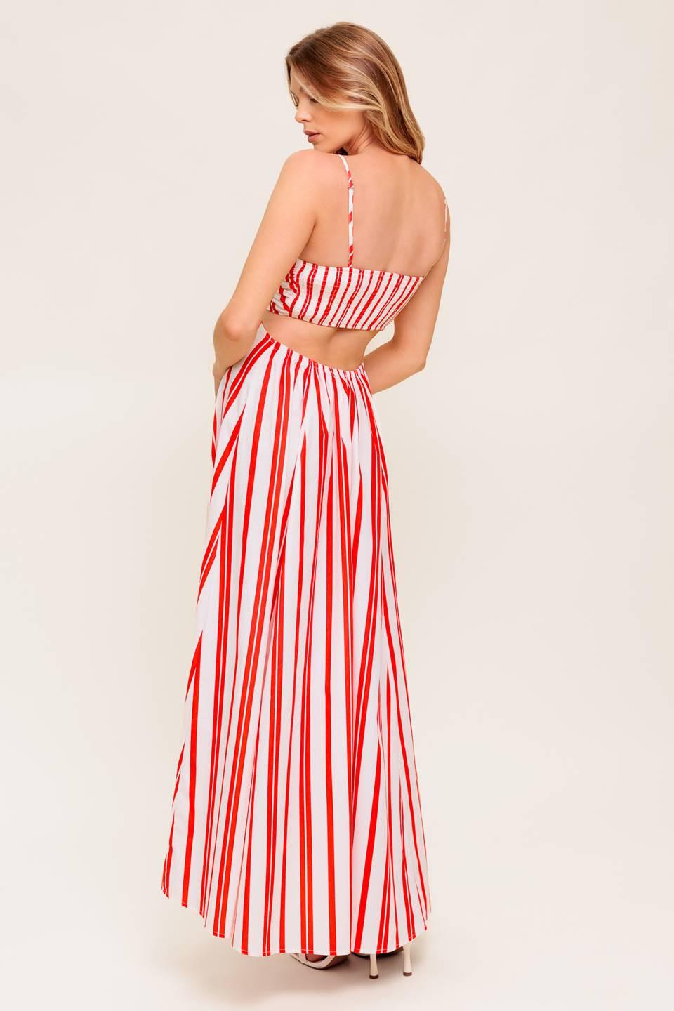 Dream Petals Red Stripe Woven Ankle Dress in white, view 3 — Soul Flow Apparel