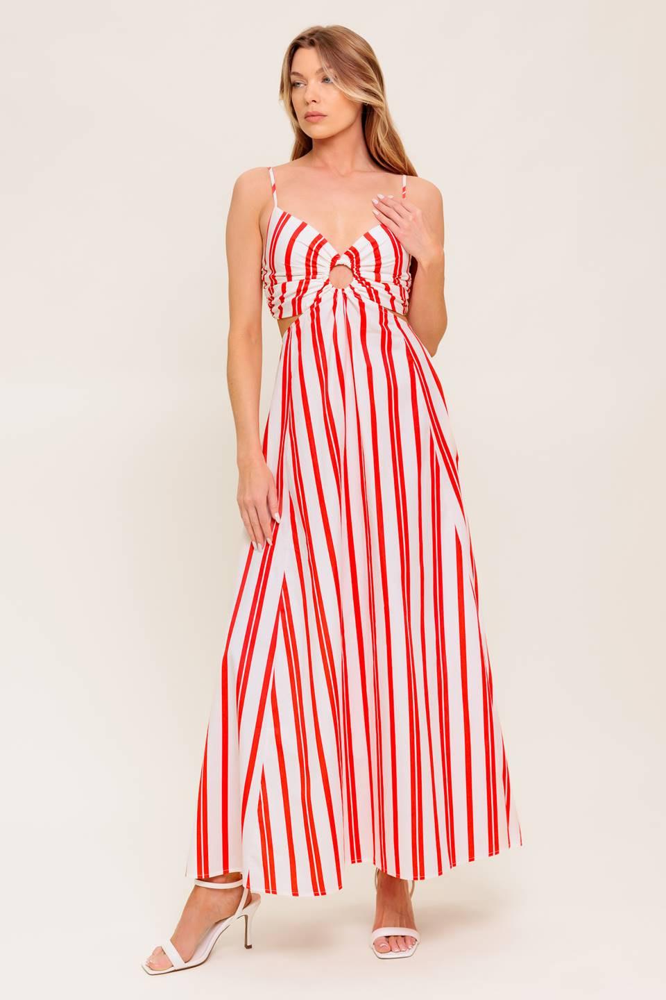 Dream Petals Red Stripe Woven Ankle Dress in white, view 4 — Soul Flow Apparel