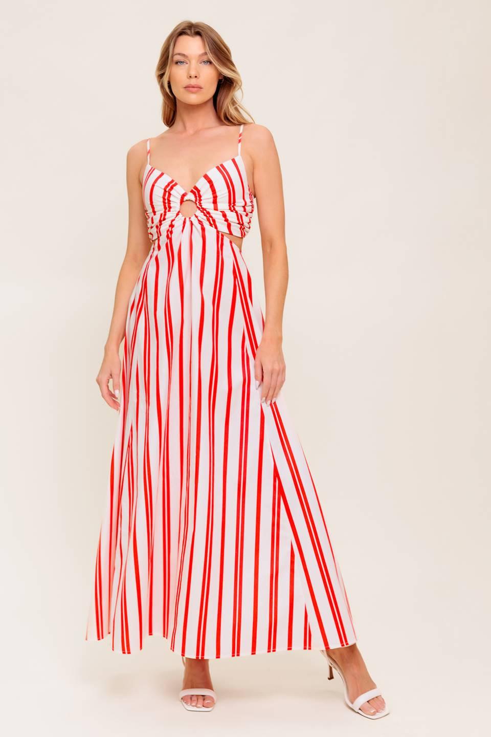 Dream Petals Red Stripe Woven Ankle Dress in white, view 5 — Soul Flow Apparel