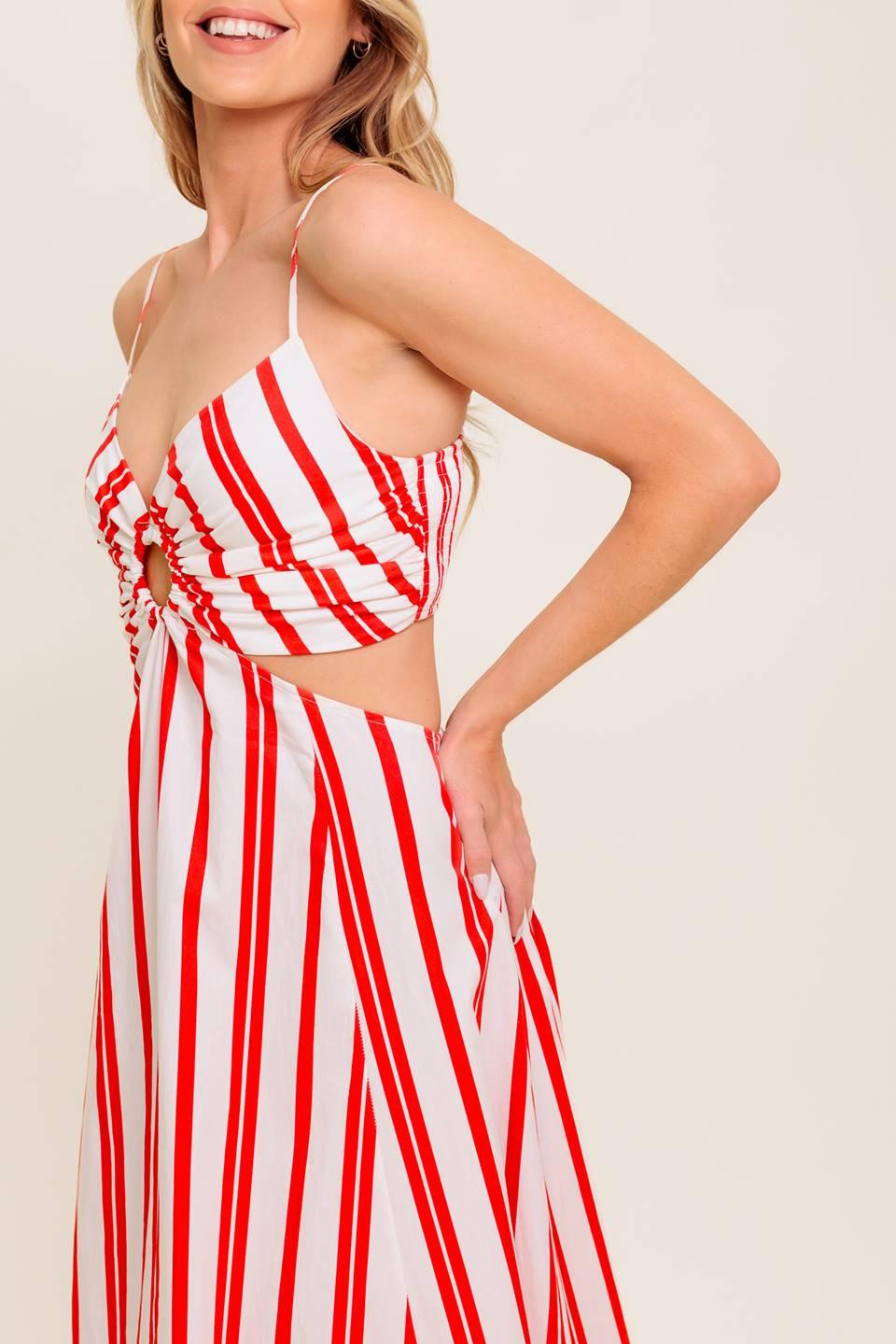 Dream Petals Red Stripe Woven Ankle Dress in white, view 6 — Soul Flow Apparel