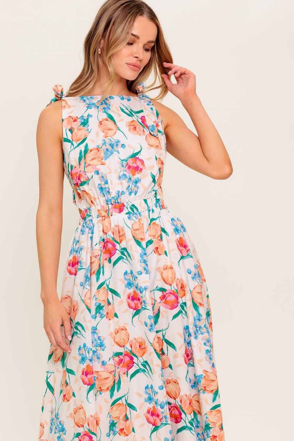 Whispering Flora Woven Midi Dress in ivory, view 1 — Soul Flow Apparel
