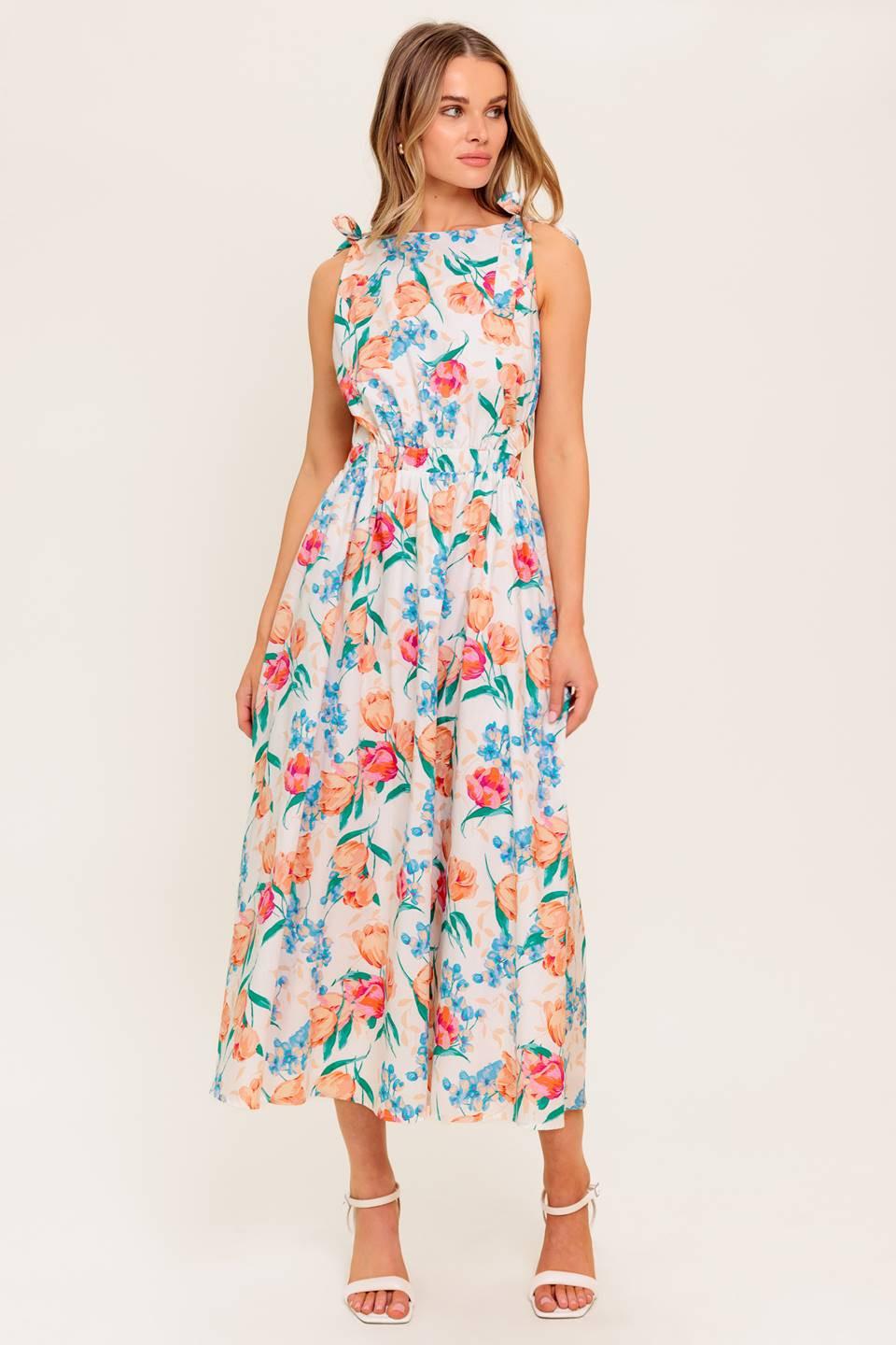 Whispering Flora Woven Midi Dress in ivory, view 2 — Soul Flow Apparel