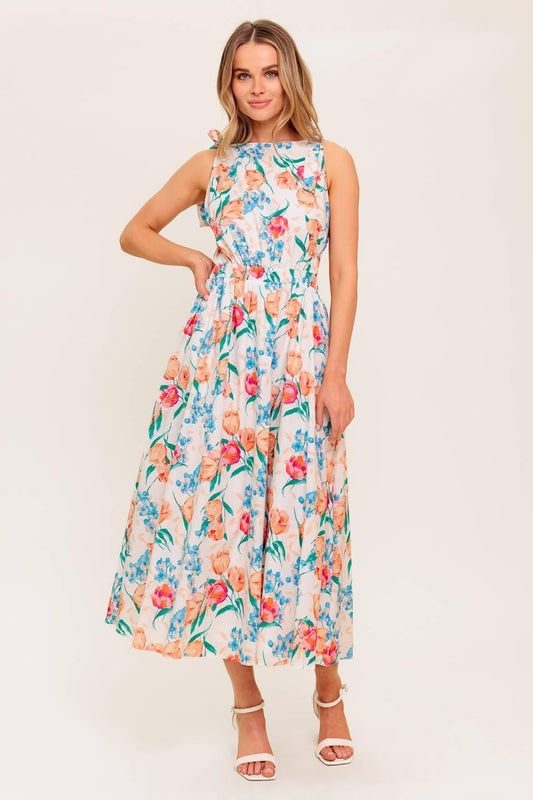 Whispering Flora Woven Midi Dress in ivory, view 3 — Soul Flow Apparel