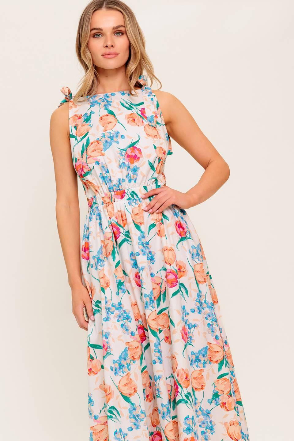 Whispering Flora Woven Midi Dress in ivory, view 4 — Soul Flow Apparel
