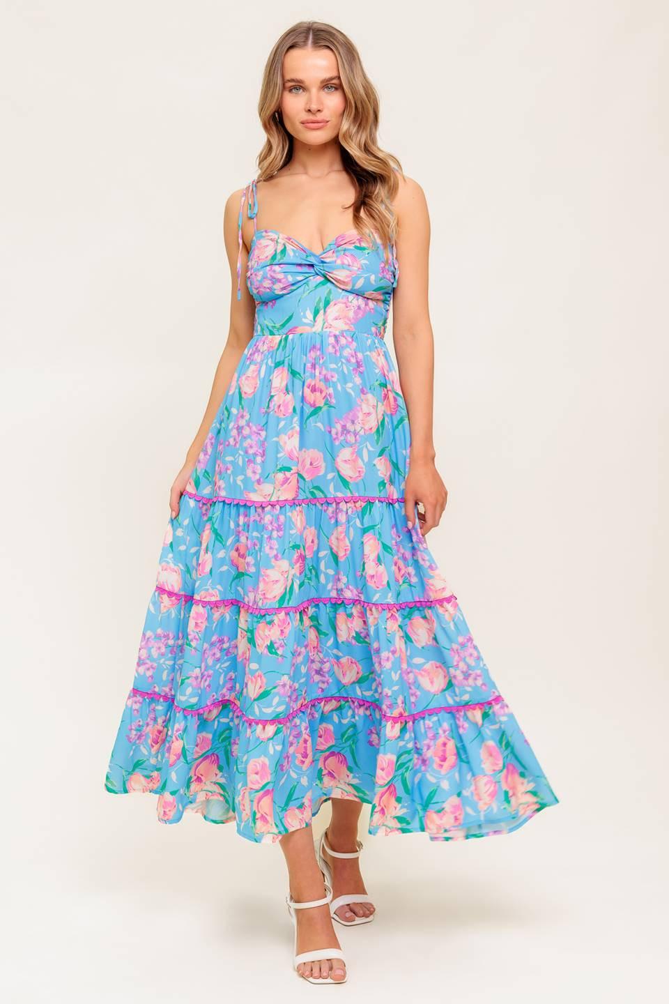 Soft Bloom Blue Woven Midi Dress in ivory, view 1 — Soul Flow Apparel
