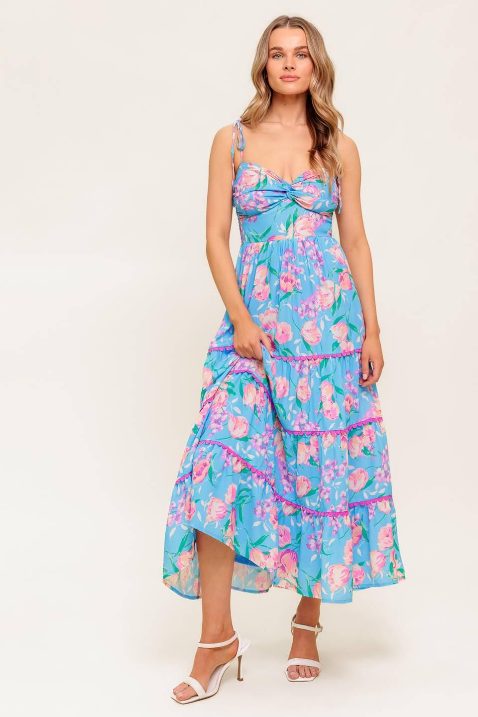 Soft Bloom Blue Woven Midi Dress in ivory, view 3 — Soul Flow Apparel