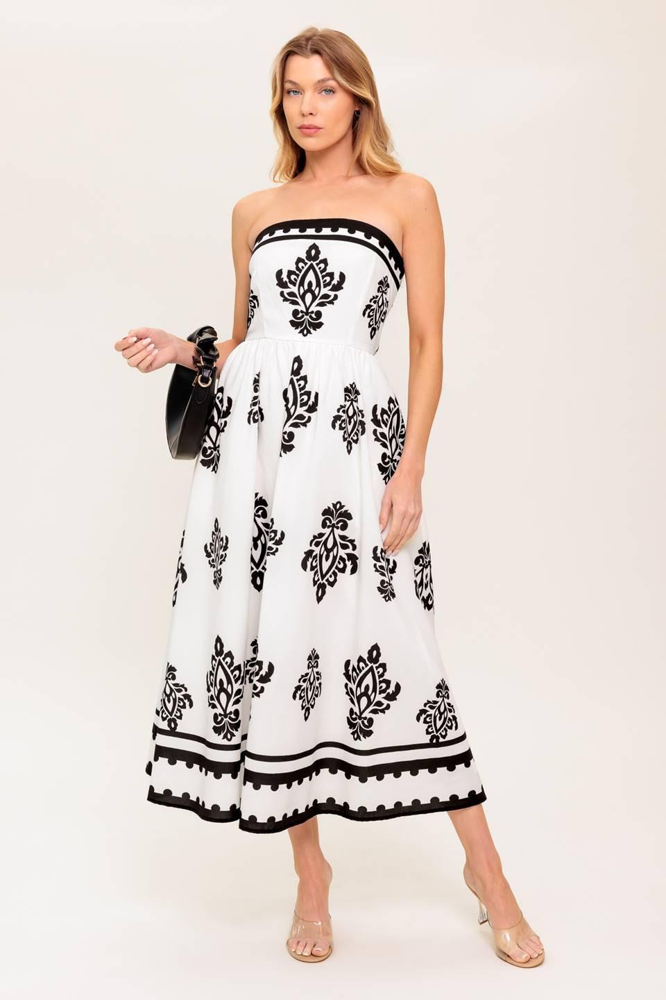Mystic Twilight Woven Mdi Dress in ivory black, view 1 — Soul Flow Apparel