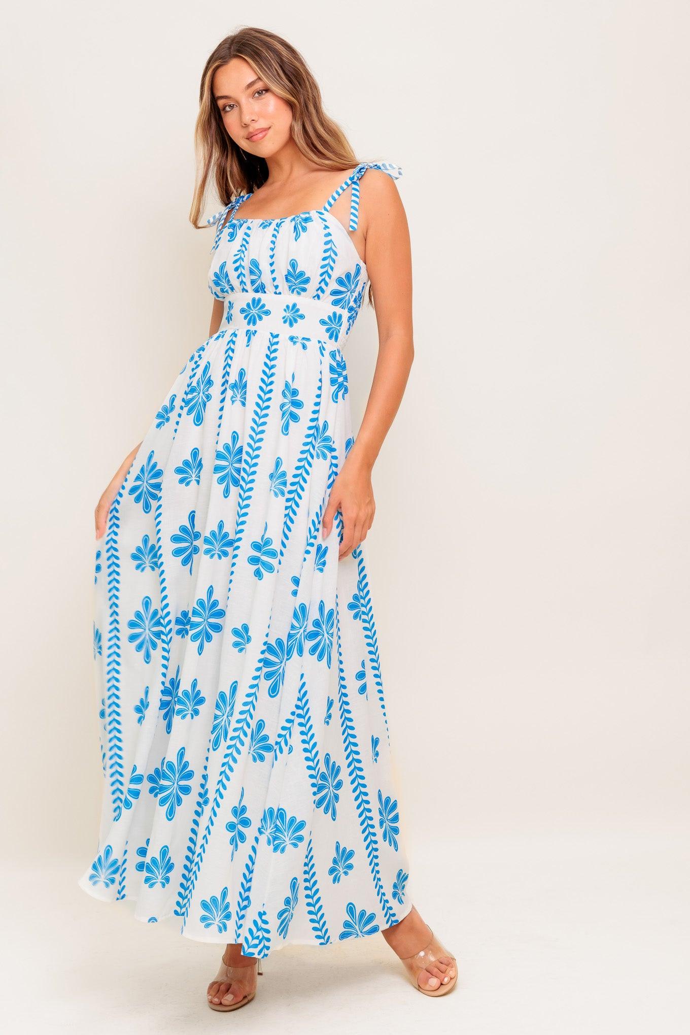 Blue Noir Floral Woven Maxi Dress in ivory, view 2 — Soul Flow Apparel