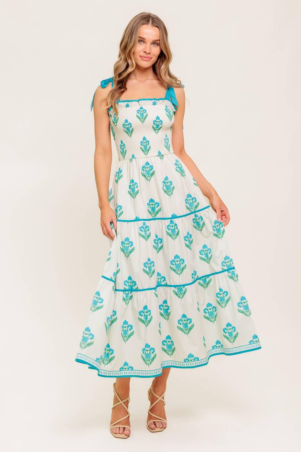 Midnight Botanica Woven Midi Dress in ivory blue, view 1 — Soul Flow Apparel
